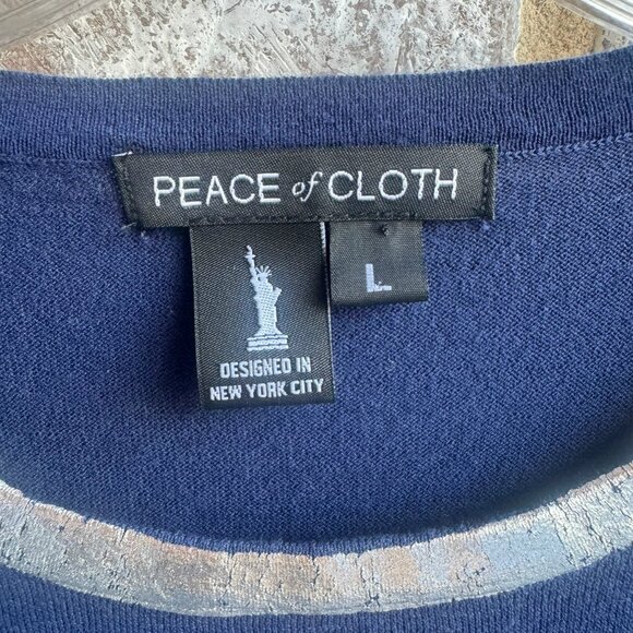 Peace of Cloth Long Sleeve Crew Neck Gold/Silver Tone Trim Blue Blouse Size L - Picture 3 of 8